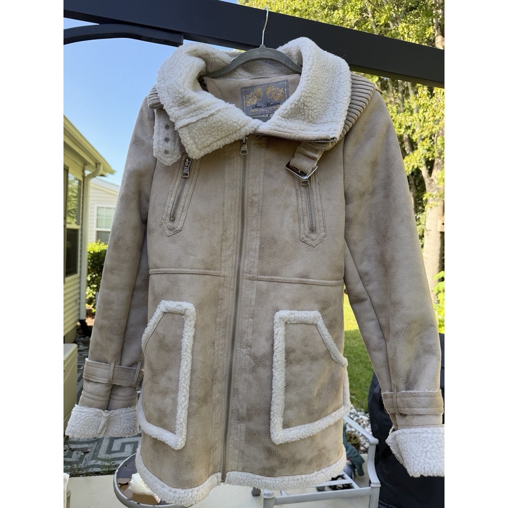 Steve Madden Womens M Faux Shearling Sherpa Coat Aviator Jacket Beige. 5343